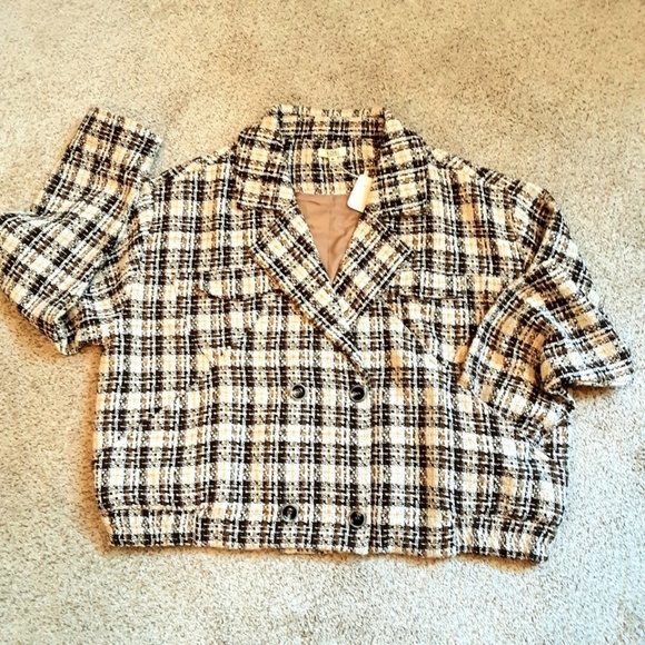 Boho Oversized Crop Blazer Jacket Brown Cream Tweed Metallic Gold Size XL - NWT - Picture 15 of 15